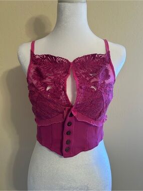 Free People Pink Lace Button Front Cropped Cami Tank Size S